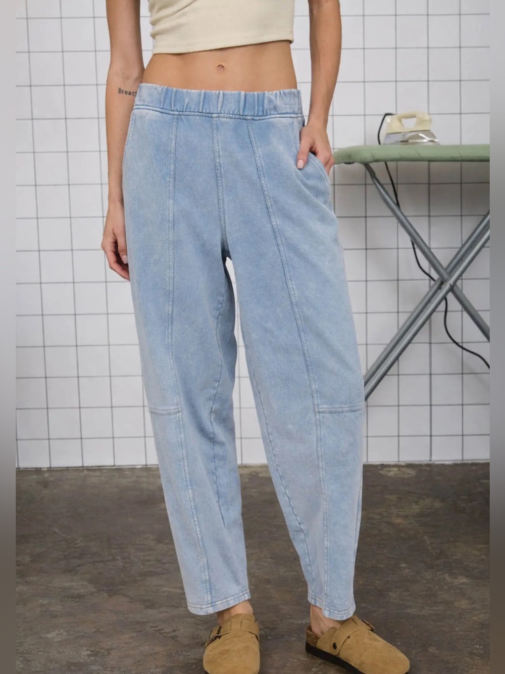 Light Wash French Terry Denim Look Barrel Style Pants